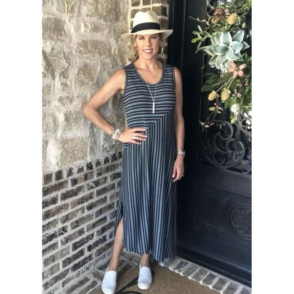 CAbi 5796 Striped Maxi Dress Sleeveless Casual Summer Tank‎ Dress Size Med